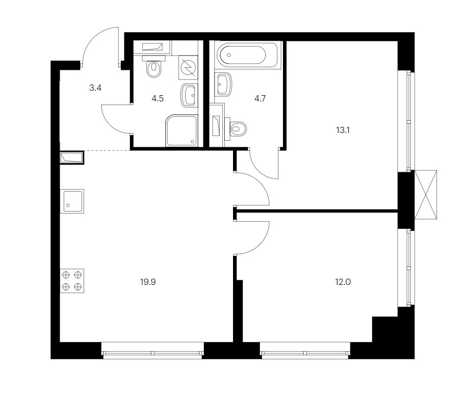 2-комнатная квартира 57.6 м², 12/12 эт., ЖК «Шкиперский 19»